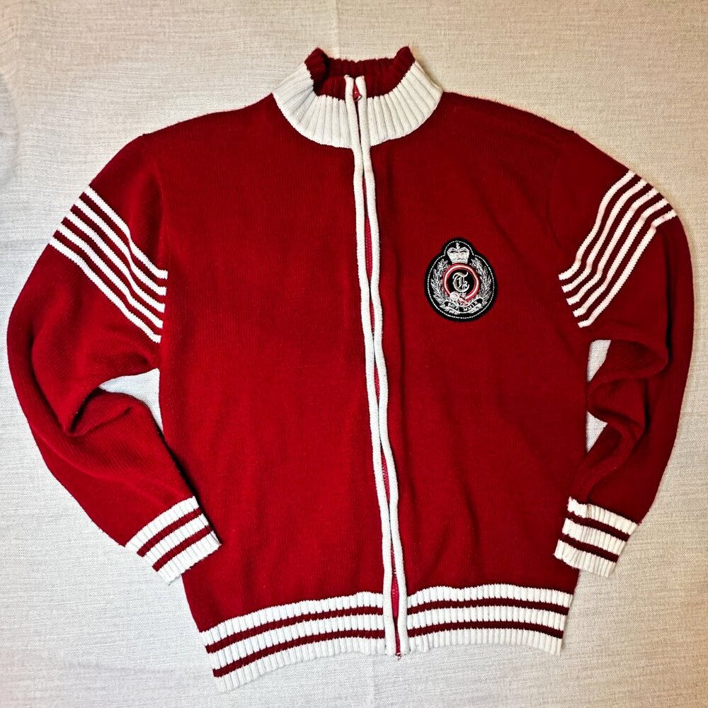 Y2K Taikun Supreme Commander Red‎ Knit Cardigan Jacket Crest Patch Varsity XL